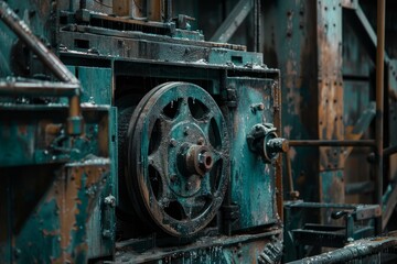 Old rusty industrial machine with large gear covered in dust and grime is being abandoned