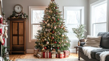 Decorated Christmas Tree with Presents in a Living Room