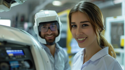 Smiling engineers working together in a high-tech laboratory setting showcasing advanced robotics and innovation during daytime