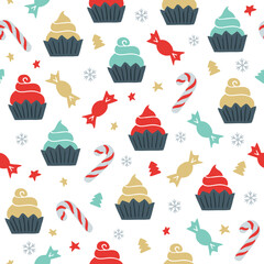 A festive pattern featuring cupcakes, candies, and snowflakes, ideal for holiday-themed designs.