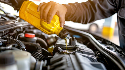 Checking engine oil level during routine maintenance while preparing for a long drive in a well-lit garage environment