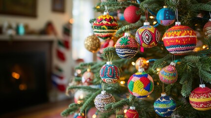Naklejka premium A Christmas Tree Adorned with Colorful, Hand-Crafted Ornaments