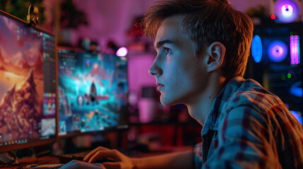 Obraz premium A young man customizing his gaming avatar on dual computer screens in a vibrant, dimly lit room filled with gaming decor and equipment