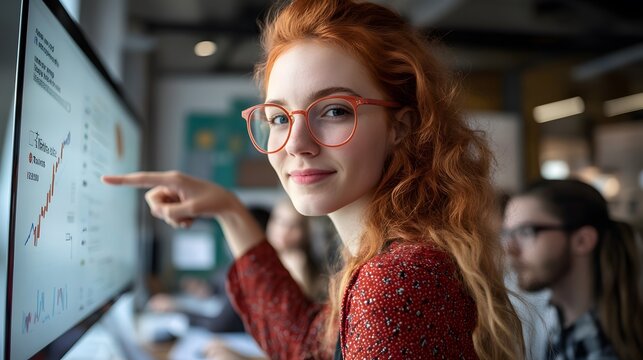 Red-haired woman in glasses points to a computer screen showing graphs and data.
