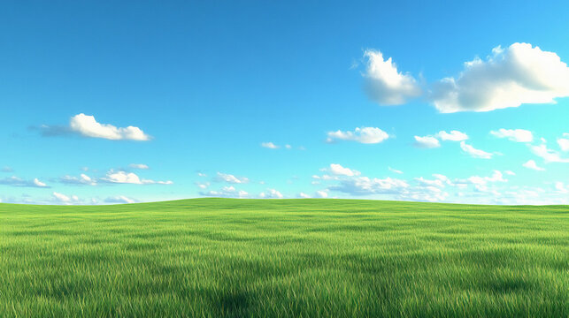 plain empty green land, 3d animated image, hd with blue sky