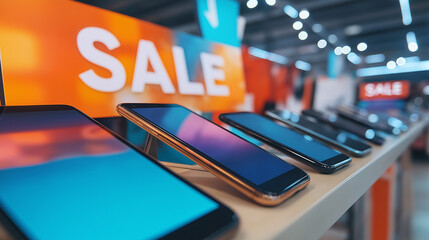 Electronics store sale display with smartphones and tablets on showcase, highlighting discount offers and modern technology retail, ideal for e-commerce and tech ads.