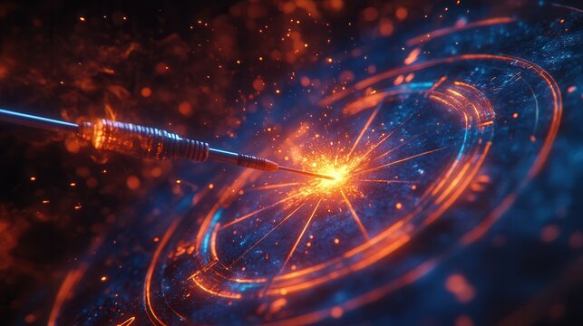 Illustration of a glowing dart hitting the target with sparks and vivid light effects emphasizing precision and accuracy in a digital image vibrant orange and blue color scheme