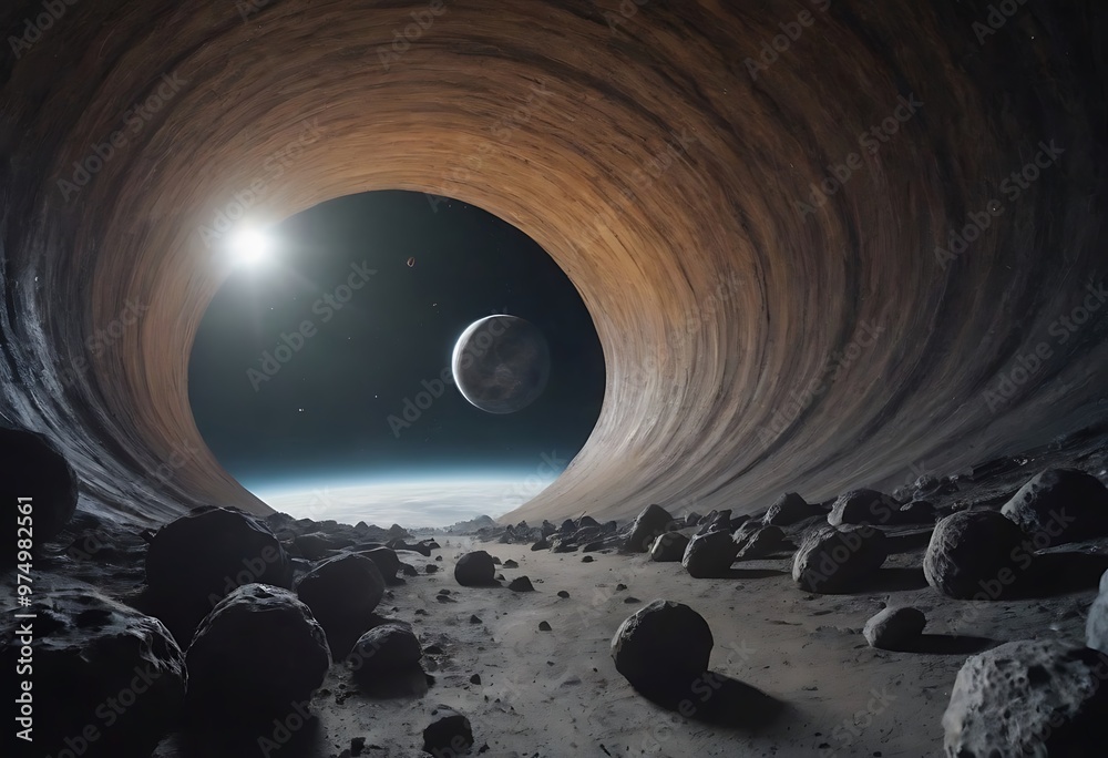Canvas Prints a tunnel formed by asteroids orbiting around a distant planet, with glowing cosmic dust and debris s