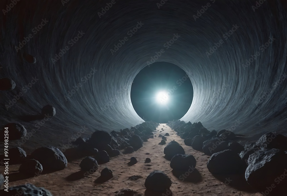 Canvas Prints a tunnel formed by asteroids orbiting around a distant planet, with glowing cosmic dust and debris s