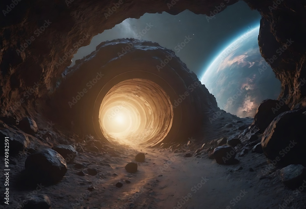 Canvas Prints a tunnel formed by asteroids orbiting around a distant planet, with glowing cosmic dust and debris s