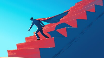 A man in business attire climbs a ladder, his silhouette transforming into a hero's cape and a powerful pose helping him along every step of the way, a motivational illustrative piece