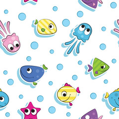 A playful underwater scene featuring colorful fish, jellyfish, and starfish among bubbles.