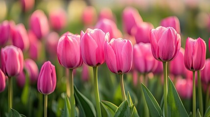 Landscape with blooming tulips. Fresh spring flowers. Growing flowers for sale in large quantities. Illustration for cover, card, postcard, interior design, banner, poster, brochure or presentation.