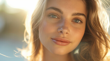 A woman with glowing skin enjoys a sunny day outdoors, showcasing natural beauty in soft lighting and gentle rays