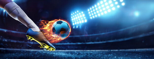 Soccer player kicking a flaming ball on a lit stadium field at night. Panorama with copy space.