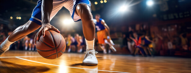 Close-up of a basketball player's legs and the ball, with a stadium crowd in the background