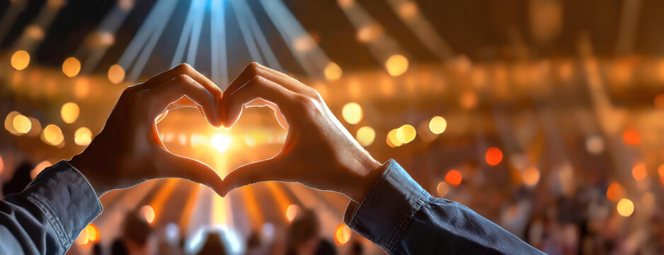 Heart shaped hand gesture at a concert with glowing lights and a crowd in the background.