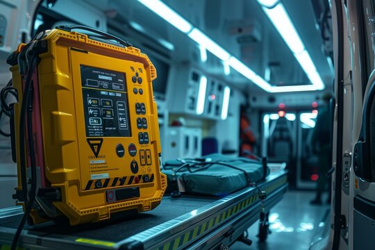 Electrocardiograph device standing on stretcher in ambulance with paramedics working in blurry background