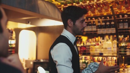 Focusing on beautiful woman guest sitting in special drink gin fizz at luxurious counter bar at vibrant nightlife party atmosphere. Smart bartender wiping glass while talking with customer. Vinosity.