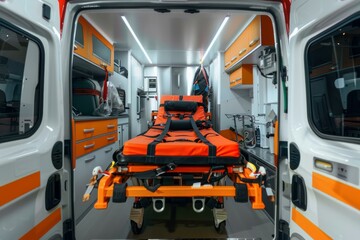 Modern equipped ambulance car is ready for first aid with empty stretcher and medical equipment