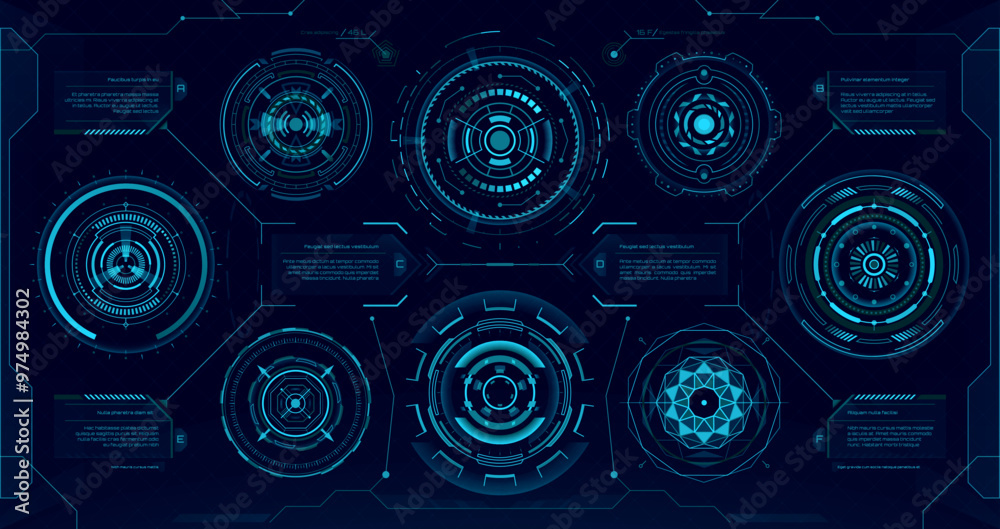 Poster Circular futuristic digital HUD elements, sci fi ui interface. Vector blue neon heads up display holograms, high-tech components, advanced user interface graphics. Advanced innovation technology