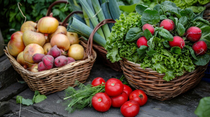 Fresh organic produce displayed in rustic baskets during a vibrant farmers market in autumn