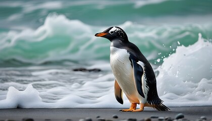 Gentoo penguin perched on a beach with a dramatic stormy ocean backdrop