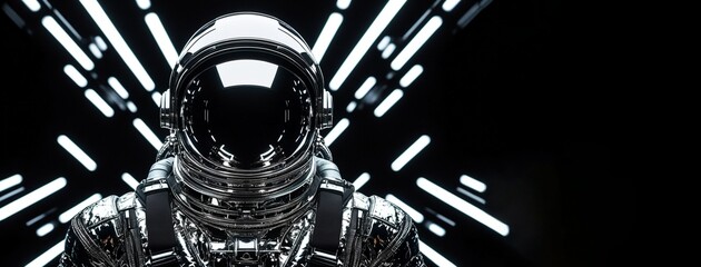 Person head in futuristic astronaut suit standing in the center of symmetrical spaceship structure. World Space Week. Space exploration and travel, future technologies. Design for banner, copy space. 