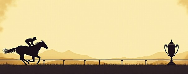 Silhouette of horse rider on pastel beige racetrack. Horseman racing to the cup. Melbourne Cup concept. Handicap sports competitions. Vintage sepia postcard style. Design for banner with copy space.