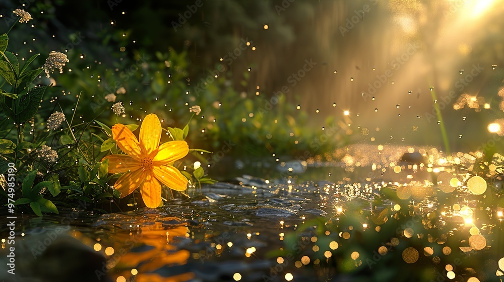 Wall mural Golden Hour Flower by the Stream - Nature Photography