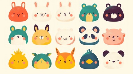 Fototapeta premium Cute animal face icons in flat design with pastel colors of different animals like cats, dogs, rabbits or hamsters for children book covers, prints on fabric or t-shirts