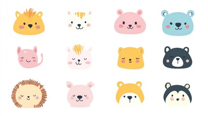 Fototapeta premium Cute animal face icons in flat design with pastel colors of different animals like cats, dogs, rabbits or hamsters for children book covers, prints on fabric or t-shirts