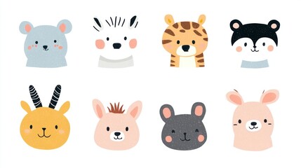 Cute animal face icons in flat design with pastel colors of different animals like cats, dogs, rabbits or hamsters for children book covers, prints on fabric or t-shirts
