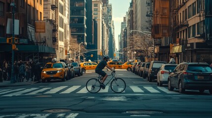 A cyclist makes their way across a bustling city street lined with taxis and pedestrians