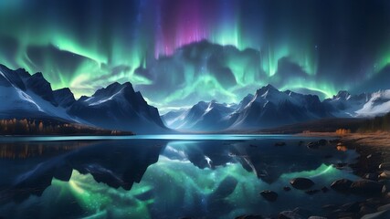 Fototapeta premium panorama featuring the northern lights in a starry night sky set against a backdrop of lakes and mountains, rendered in 3D using Generative AI illustration 