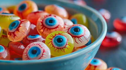 Bowl of Colorful Eyeball Candy for Halloween Party Treats