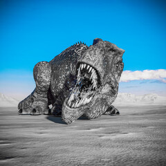 giganotosaurus is lying down on sunset desert © DM7