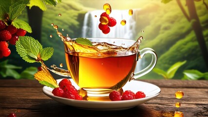 tea cup with berries falling on it, stunning screensaver, amber splashes of tea, mint leaves