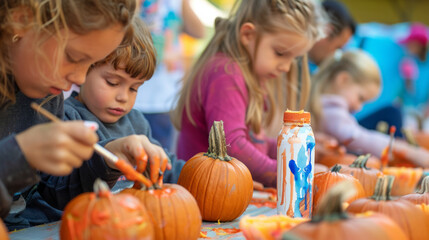 Children and parents enjoy a fun day painting pumpkins together at an autumn festival in the community park