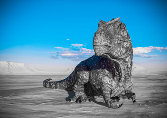 giganotosaurus is resting down on sunset desert with copy space © DM7