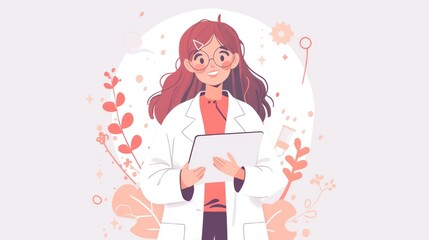 A young female scientist in a white coat, holding a laptop, with a smiling face and a happy expression, in pastel colors, on a plain background of a circular frame that limits the character