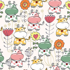 A playful pattern featuring cartoon cows with flowers and whimsical designs.