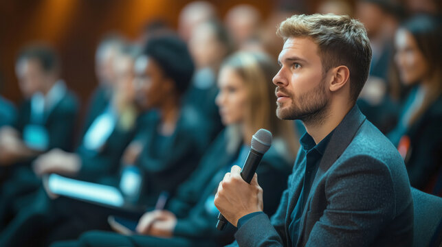 A young businessman is holding a microphone and speaking to the audience in a business meeting or conference at the hall - Powered by Adobe