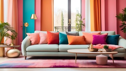 colorful room featuring a sofa. Cozy living area with plush sofa and pillows. Image, stock image, life stock, blog, opulent residence
