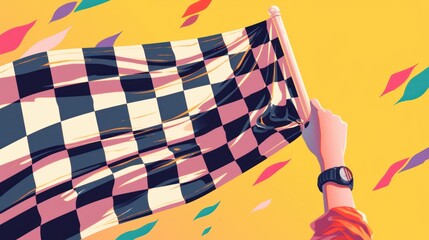 Obraz premium Flag in hand with black and white checkered pattern fluttering in the wind on a clean white background, racing and competition concept