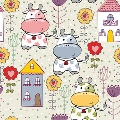 A whimsical pattern featuring cartoon cows and colorful flowers with houses.