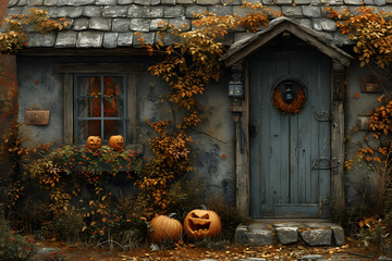 Obraz premium The house is decorated for Halloween: pumpkins are real and artificial, skeletons on the doors. Night