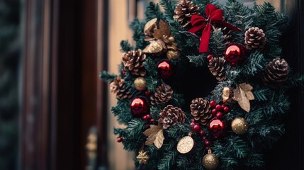 Fototapeta premium Christmas Wreath Adorned with Pine Cones, Red Ornaments, and a Red Bow