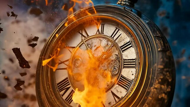 An antique clock, with Roman numerals, is engulfed in flames and surrounded by flying embers. The scene appears dramatic, conveying a sense of urgency and destruction. The clock represents the