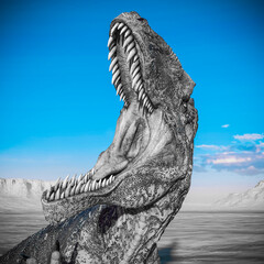 giganotosaurus is with the jaws wide open on sunset desert © DM7